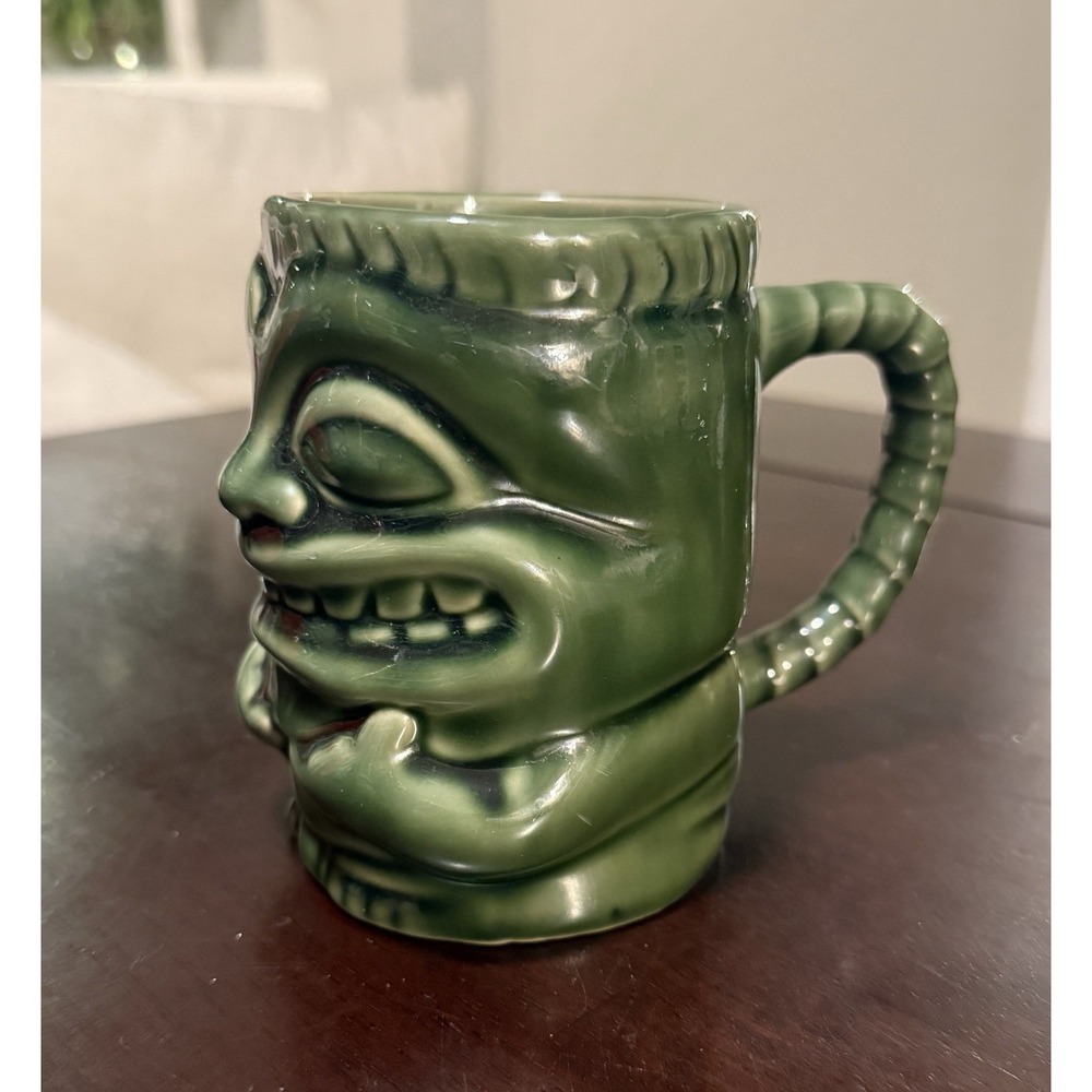 TIKI Coffee Ceramic Mug Handle Green Hawaiian Smiling Hang Ten Glossy - 4" Tall - Picture 2 of 8